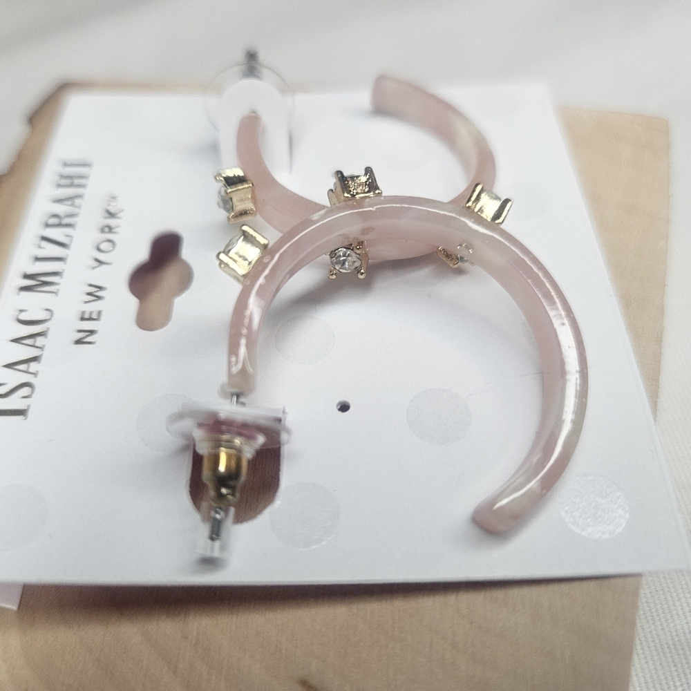 Isaac Mizrahi Rhinestone And Pink Cow Print Acrylic Hoop Earrings NWT Retail $40 - Picture 4 of 6